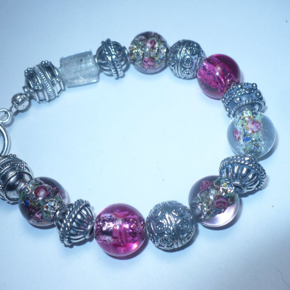 Pink Flower Glass beads Sterling silver Bracelet